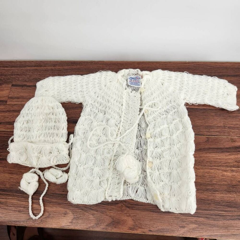 Vintage Acrylic Crocheted Baby Cardigan White Knit Little Loves by LlCo & Matchi